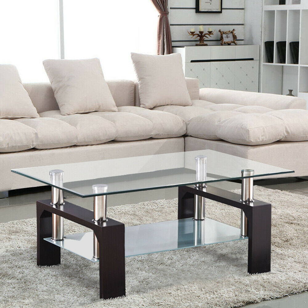 Center Table For Living Room
 Modern Rectangular Glass Coffee Table Shelf W Leg Living