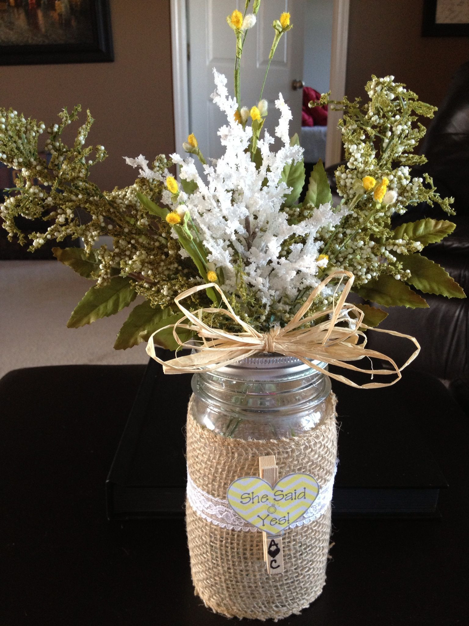 Centerpiece Ideas For Engagement Party
 Burlap Mason Jar Engagement Party Decor KeslerKreations