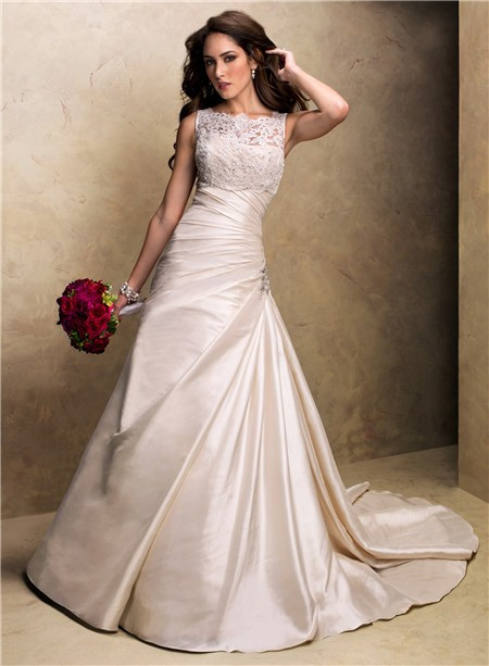 Champagne Colored Wedding
 A Line Strapless Champagne Colored Satin Wedding Dress