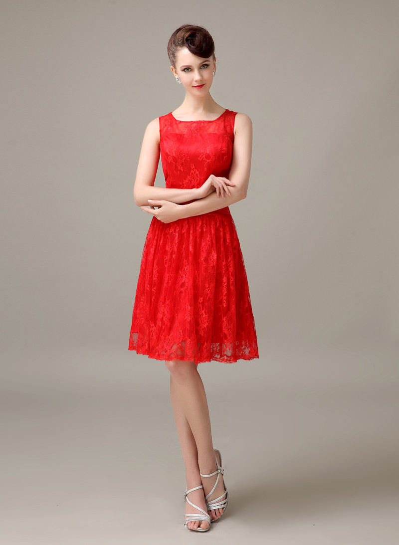 Cheap Dresses For Wedding Guest
 red lace short cheap simple discount modest bridesmaid
