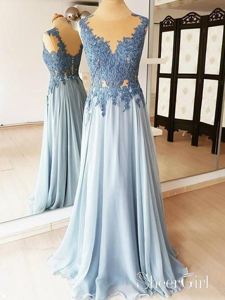 Cheap Dresses For Wedding Guest
 Lace Applique Long Formal Dresses Light Blue Cheap Wedding
