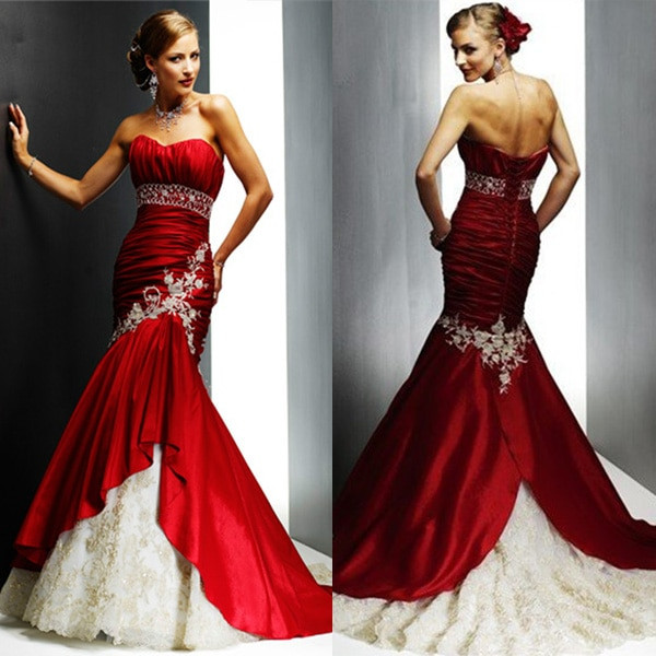 Cheap Red And White Wedding Dresses
 Luxury Lace Appliqued Taffeta Mermaid Cheap Red and White