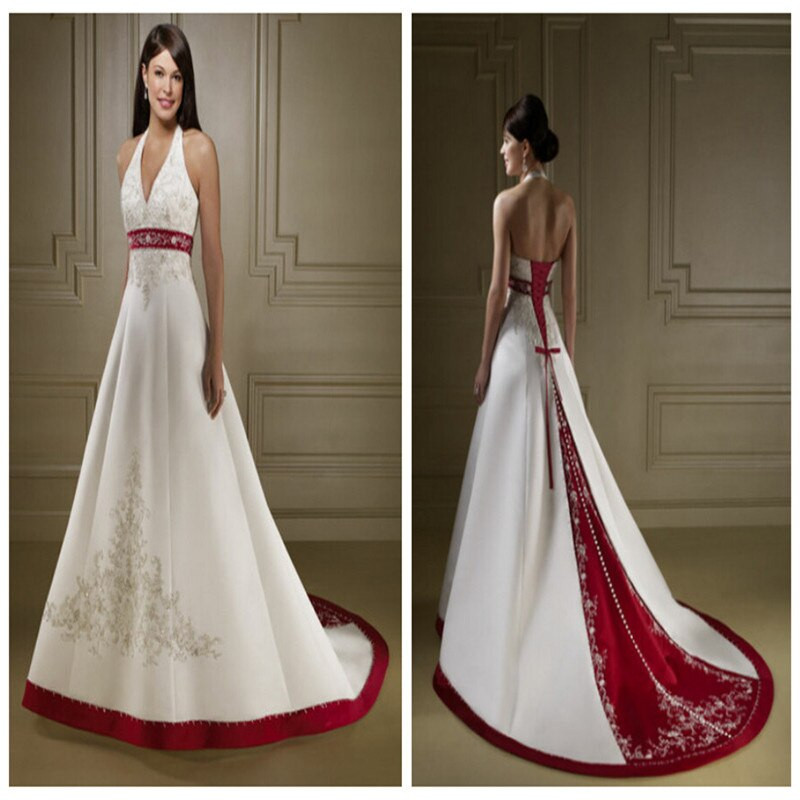 Cheap Red And White Wedding Dresses
 Red and White Satin Wedding Dress vestidos de novia Beach