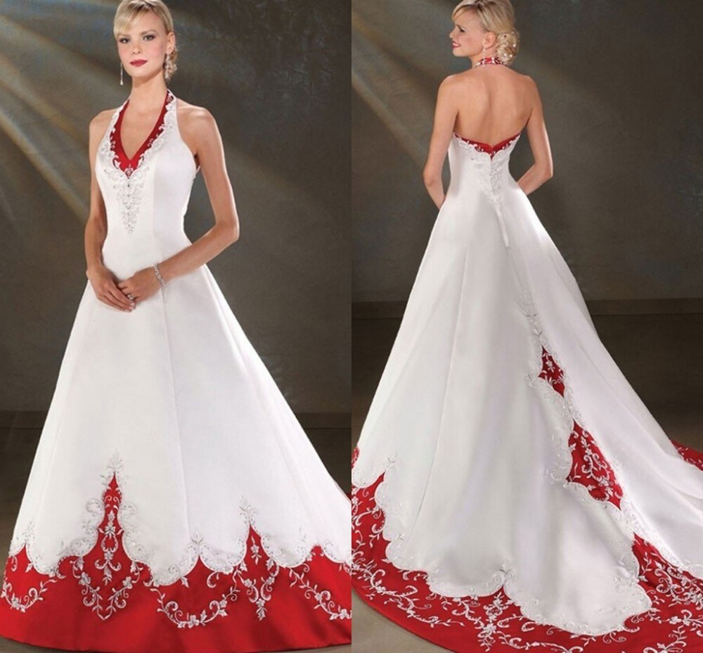 Cheap Red And White Wedding Dresses
 2016 Free Shipping Vintage Romantic Backless Halter Satin