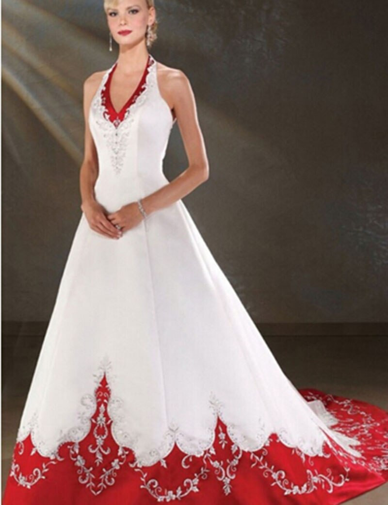 Cheap Red And White Wedding Dresses
 2017 Special Design Romantic Backless Halter Satin A Line