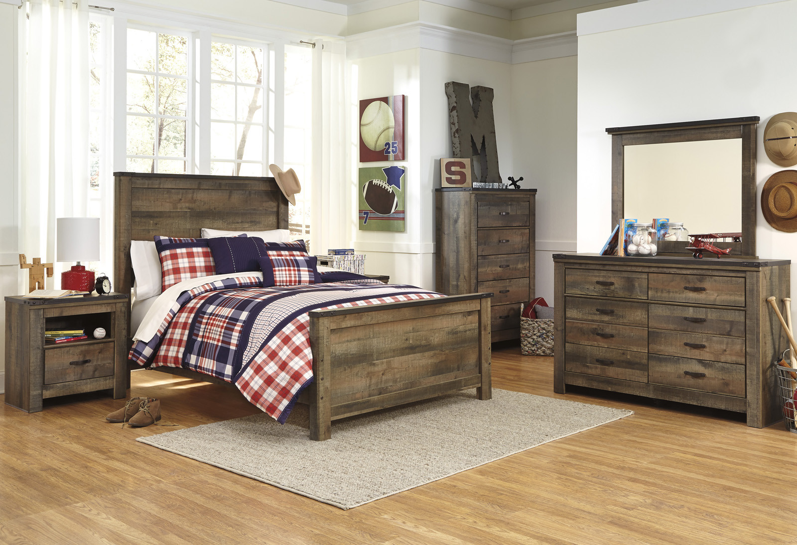 Cheap Rustic Bedroom Furniture Sets
 Trinell 4 Piece Panel Bedroom Set in Warm Rustic Oak