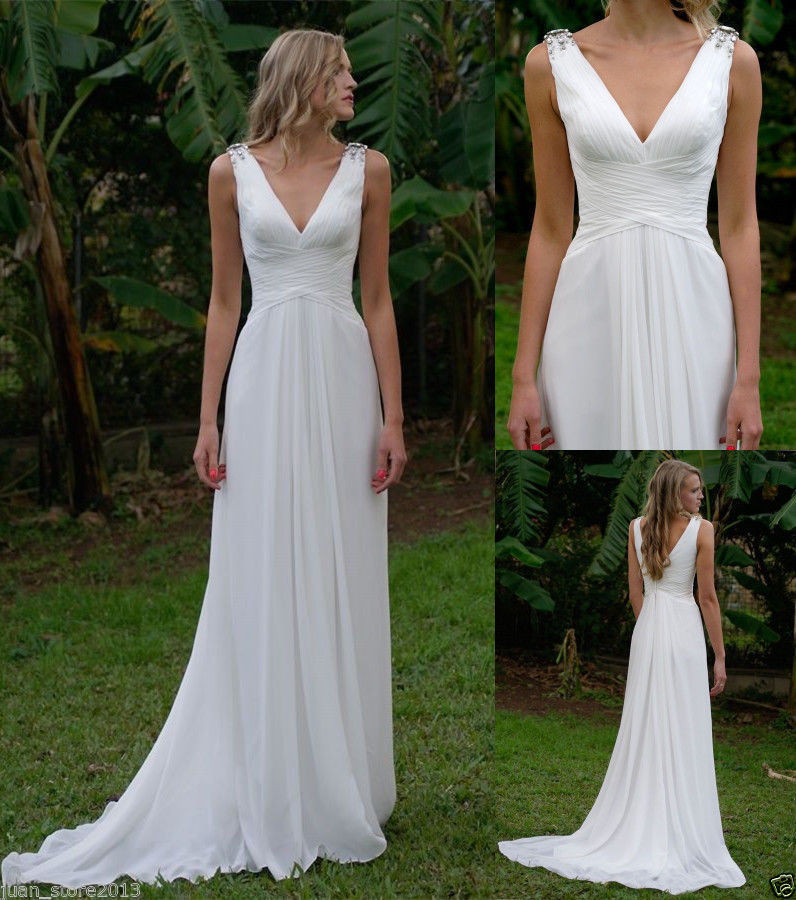 Cheap Simple Wedding Dresses
 Cheap Simple White V neck Wedding dresses Beach Chiffon