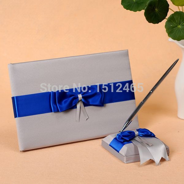 Cheap Wedding Guest Book And Pen Set
 Set of 2p Silver Gray and Royal Blue Bowknot Satin Wedding