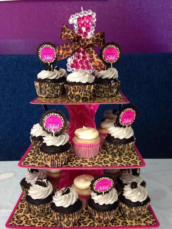 Cheetah Birthday Decorations
 3 Tier Leopard Cheetah Pink Swirls Cupcake by LuxePartySupply