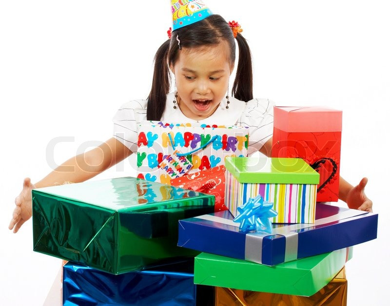 Children Birthday Gift
 Happy Girl Her Birthday Excited By Receiving Lots