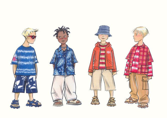 Children Fashion Illustration
 Childrenswear pre teens Four boy figures in a variety of