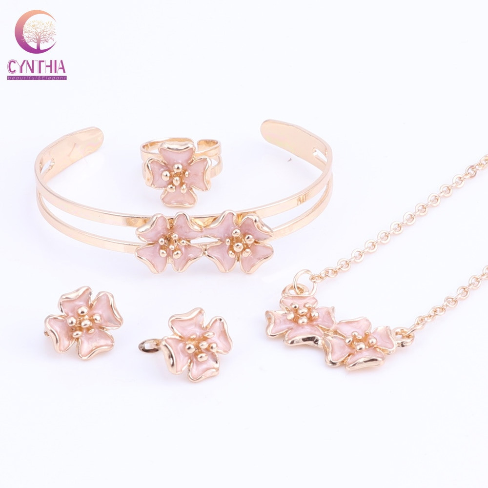 Children Fashion Jewelry
 Gold Color Enamel Flower Necklace Bangle Bracelet Ring Set