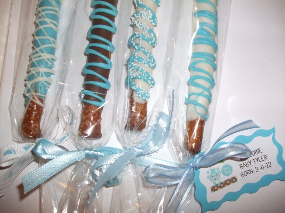 Chocolate Covered Pretzels For Baby Shower
 Baby Boy themed Chocolate covered Pretzel Rods by