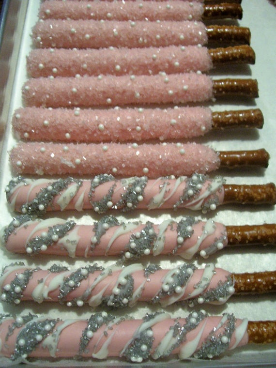 Chocolate Covered Pretzels For Baby Shower
 Chocolate Covered Pretzel Rods Baby Shower Favors in Pink Blue