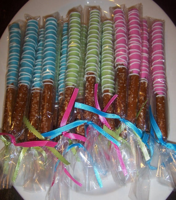 Chocolate Covered Pretzels For Baby Shower
 1 DOZEN SALE 12 Chocolate Dipped Pretzel Rods by hitsthespot