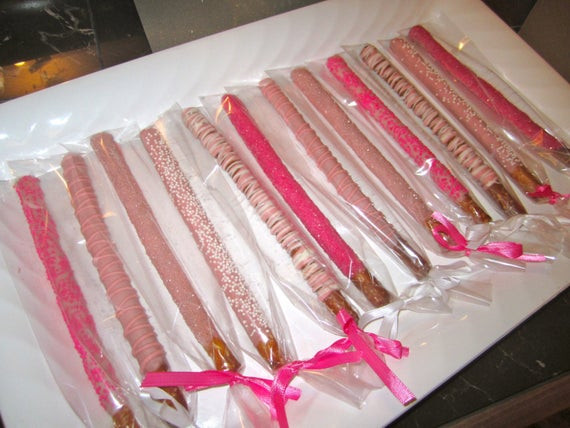 Chocolate Covered Pretzels For Baby Shower
 Items similar to Chocolate covered pretzel rods pink baby