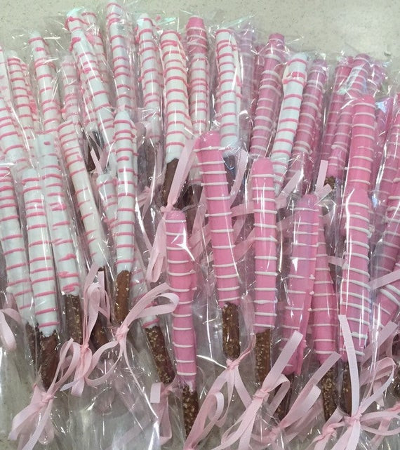 Chocolate Covered Pretzels For Baby Shower
 White and Pink Chocolate Covered Pretzels Baby Shower