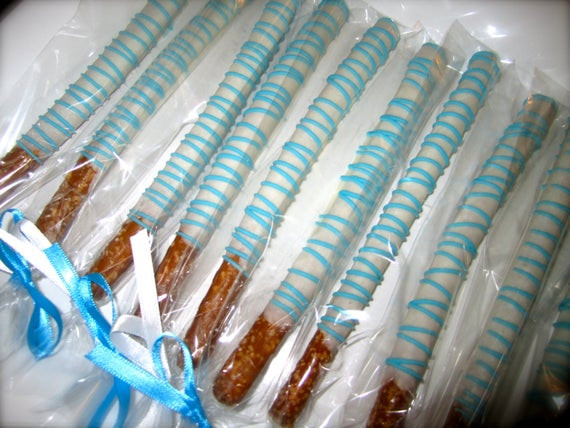 Chocolate Covered Pretzels For Baby Shower
 Items similar to Chocolate covered pretzel rods Blue and