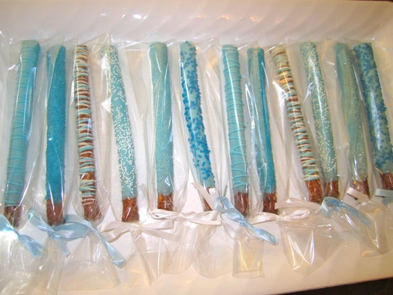 Chocolate Covered Pretzels For Baby Shower
 Items similar to Chocolate covered pretzel rods blue baby