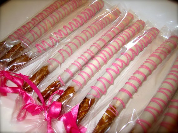 Chocolate Covered Pretzels For Baby Shower
 Items similar to Chocolate covered pretzel rods pink and