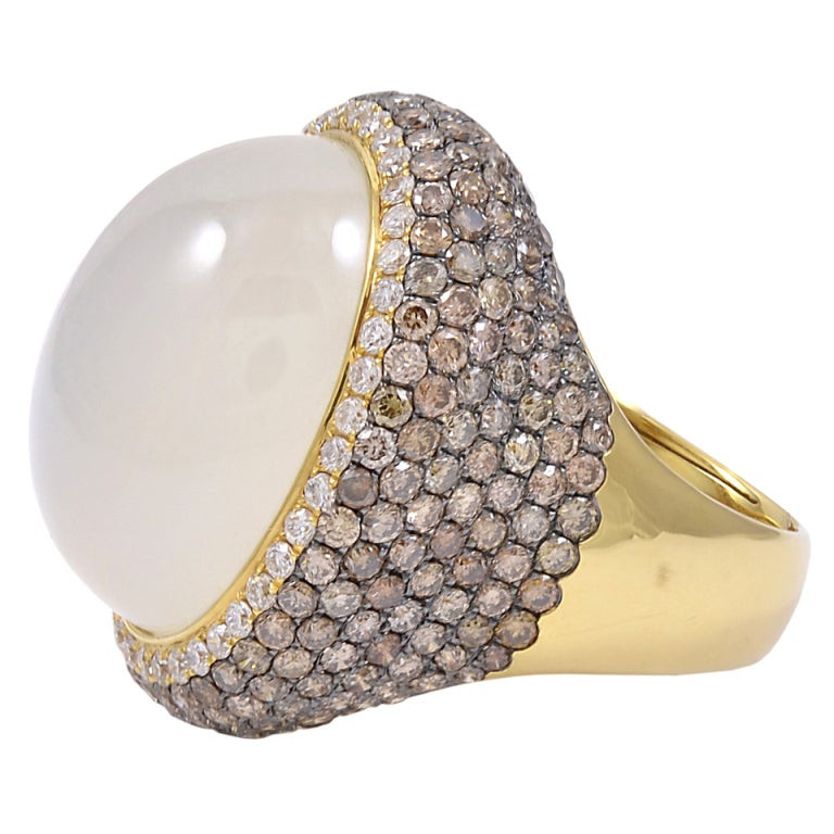 Chocolate Diamond Rings For Sale
 Moonstone White and Chocolate Diamond Ring For Sale at 1stdibs