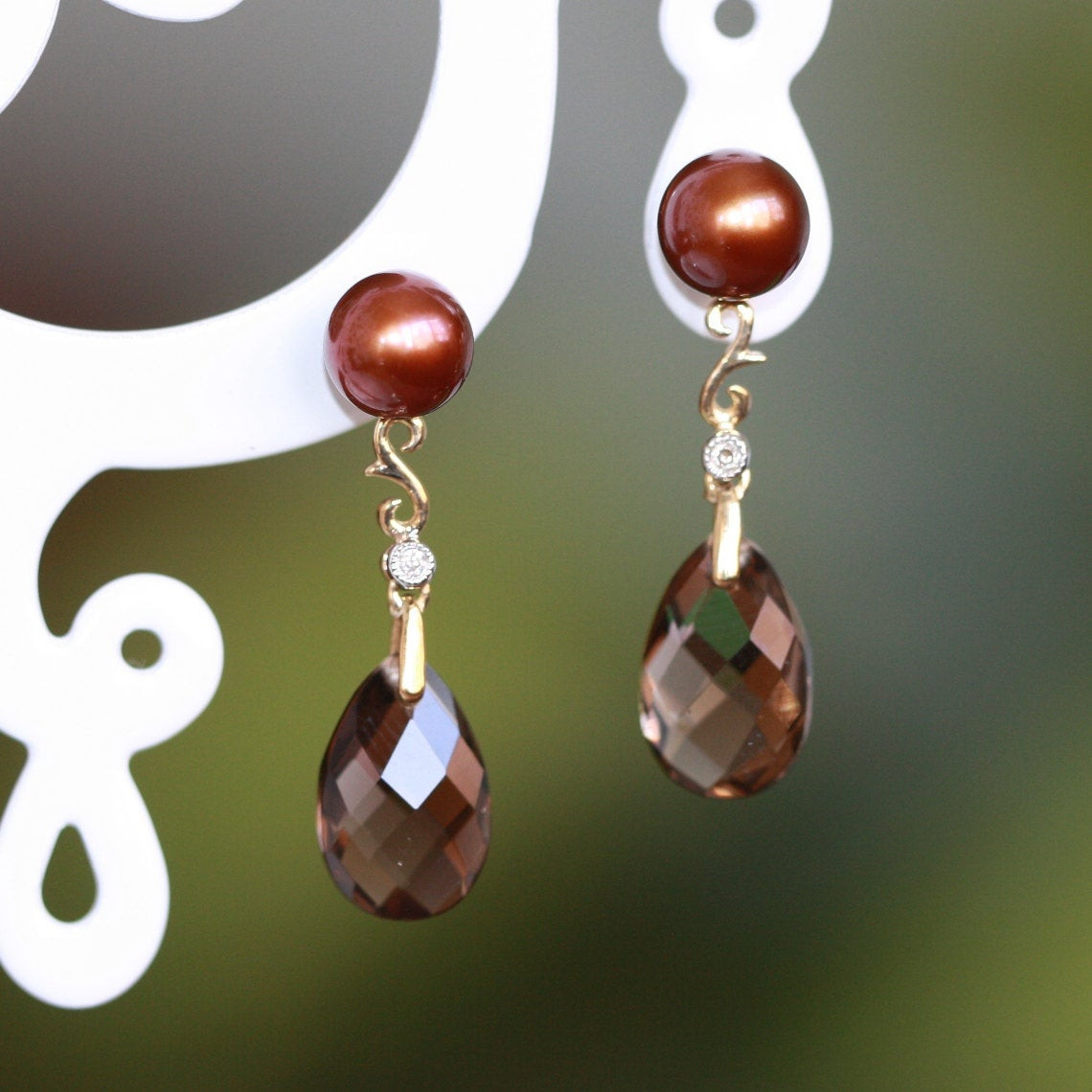 Chocolate Pearl Earrings
 Smoky Quartz and Chocolate Pearl Earrings in 10k Yellow Gold