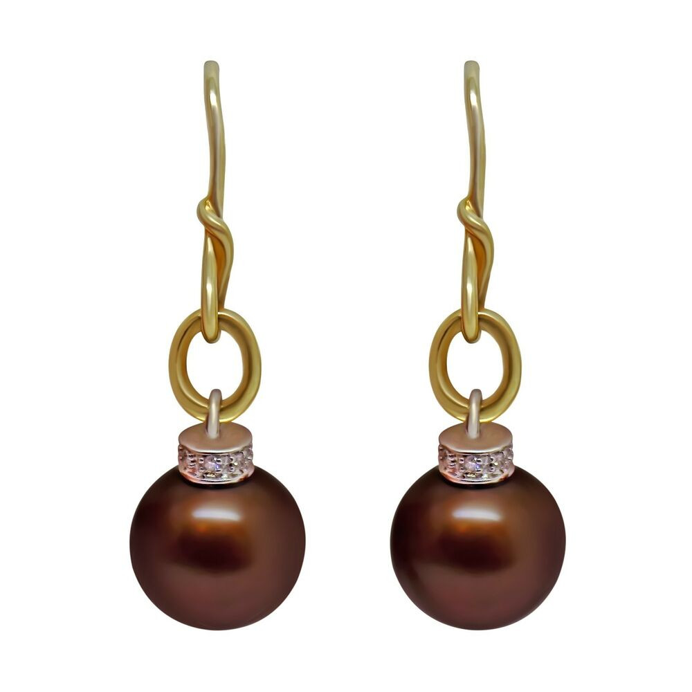 Chocolate Pearl Earrings
 10k Solid gold 11mm Chocolate Brown Pearl Natural Diamond