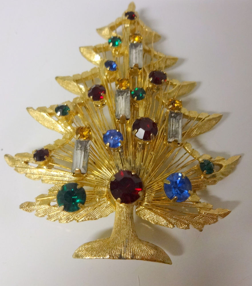 Christmas Brooches
 Vintage Signed Brooks Christmas Tree Color Rhinestone Pin