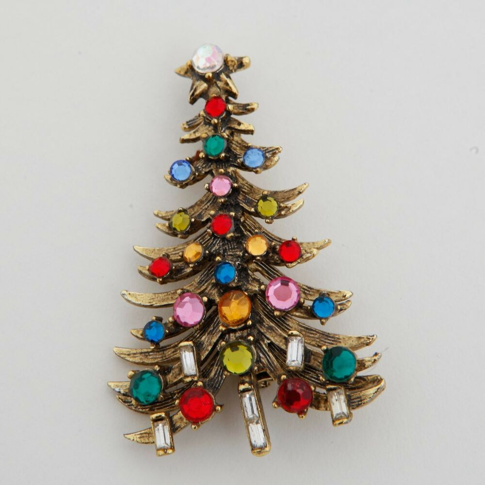Christmas Brooches
 Vintage Hollycraft Christmas Tree Brooch Multi Color