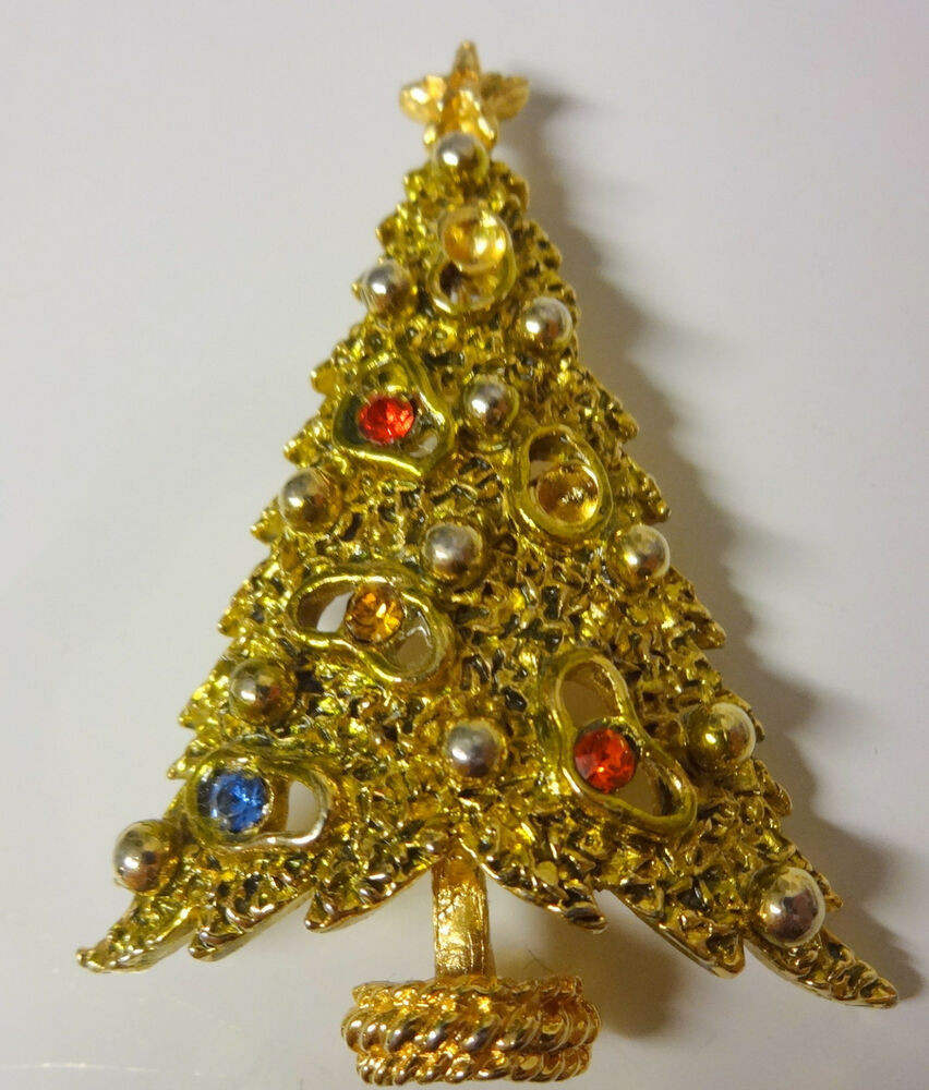Christmas Brooches
 Vintage Signed ART Christmas Tree Color Rhinestone Pin