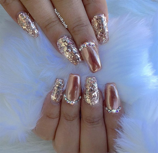 Chrome And Glitter Nails
 Rose Gold Chrome with Fine Glitter Nail Art Gallery