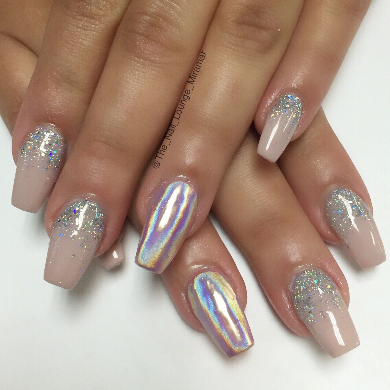 Chrome And Glitter Nails
 Holographic chrome glitter ombré nail art design