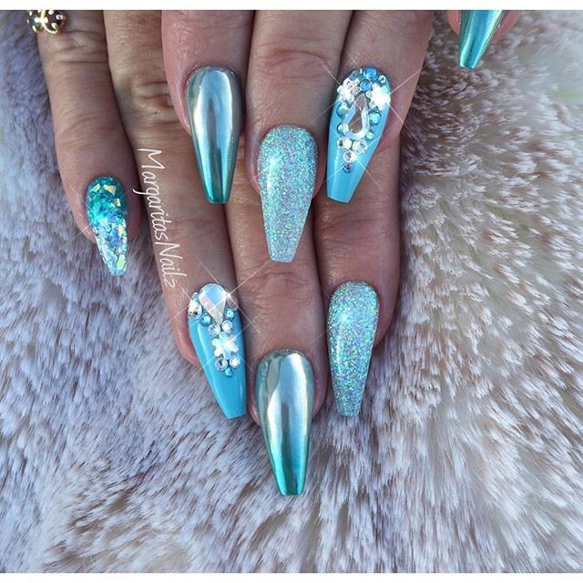 Chrome And Glitter Nails
 Icy blue glitter chrome 3D rhinestone coffin nails