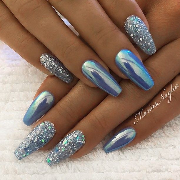 Chrome And Glitter Nails
 REPOST • Sky Blue with Aurora Effect and Glitter