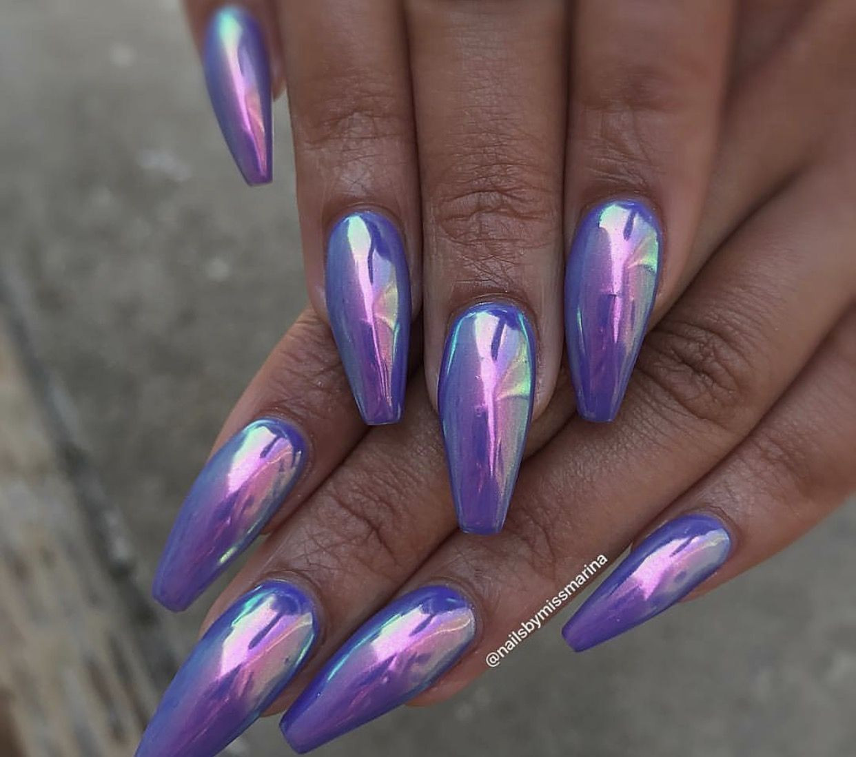 Chrome Nail Ideas
 Holographic chrome purple coffin nails in 2019