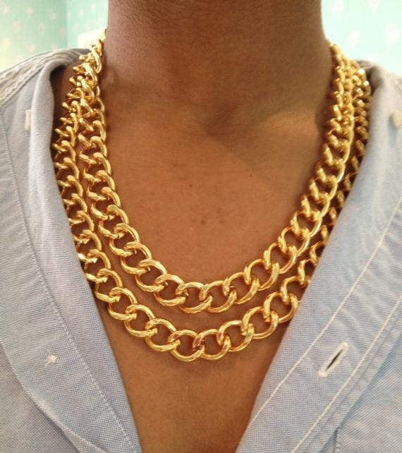 Chunky Chain Necklace
 Chunky Double Gold Chain Link Necklace by WorldofTashii on