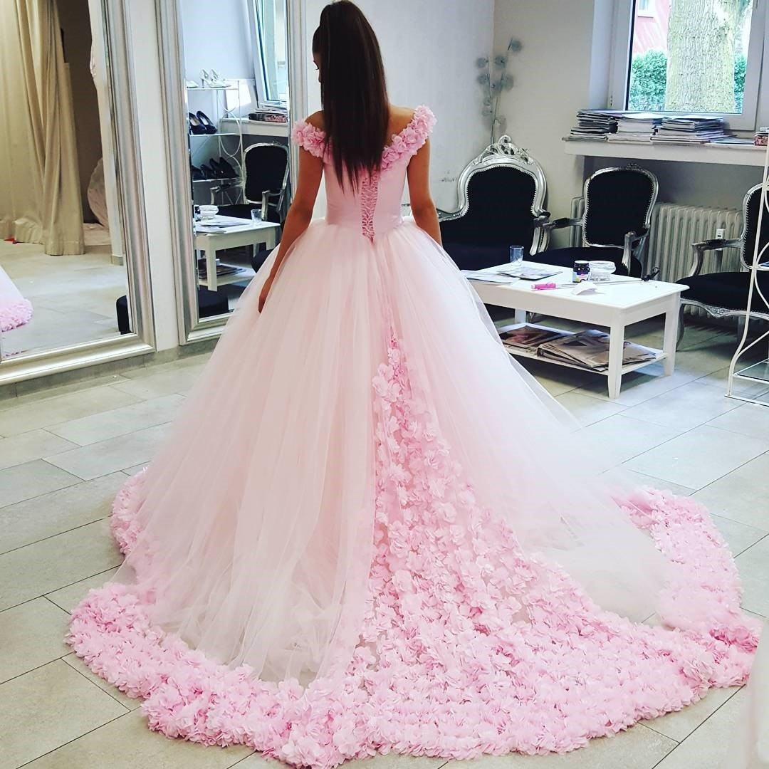 Cinderella Wedding Gowns
 WD2547 Flowers Pink Wedding Dresses Cinderella Bridal