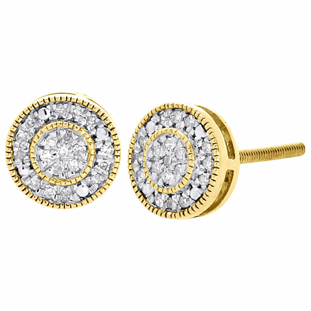 Circle Diamond Earrings
 10K Yellow Gold Round Diamond Milgrain Circle Pave Studs 7