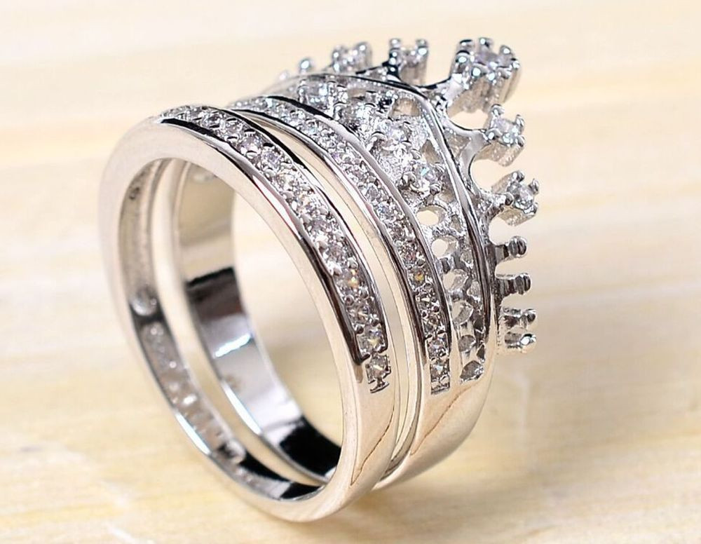 Circle Wedding Rings
 Fashion Royal 2 in 1 Set "Crown" CZ Silver Wedding