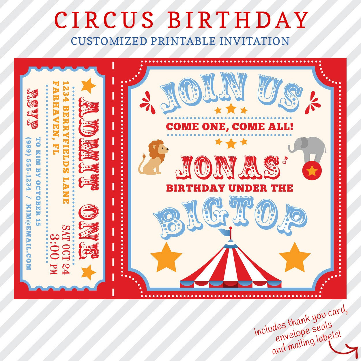 Circus Birthday Party Invitations
 Circus Birthday Invitation Printable custom invitation with