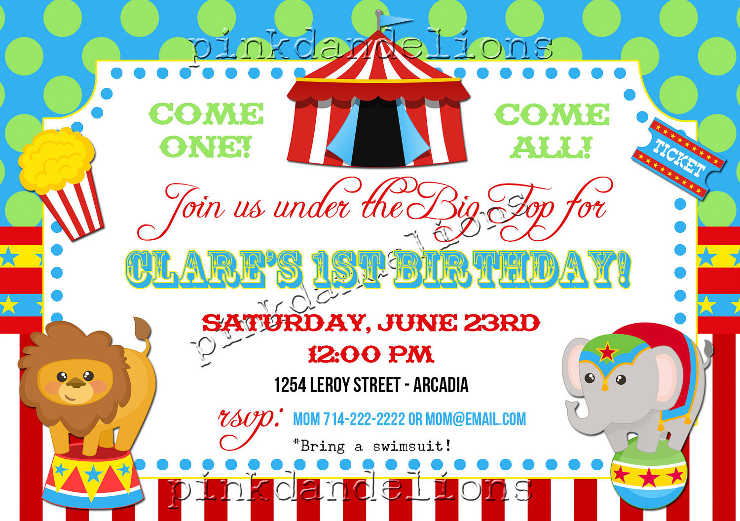 Circus Birthday Party Invitations
 Circus Birthday Party Invitation 5x7 DIGITAL FILE