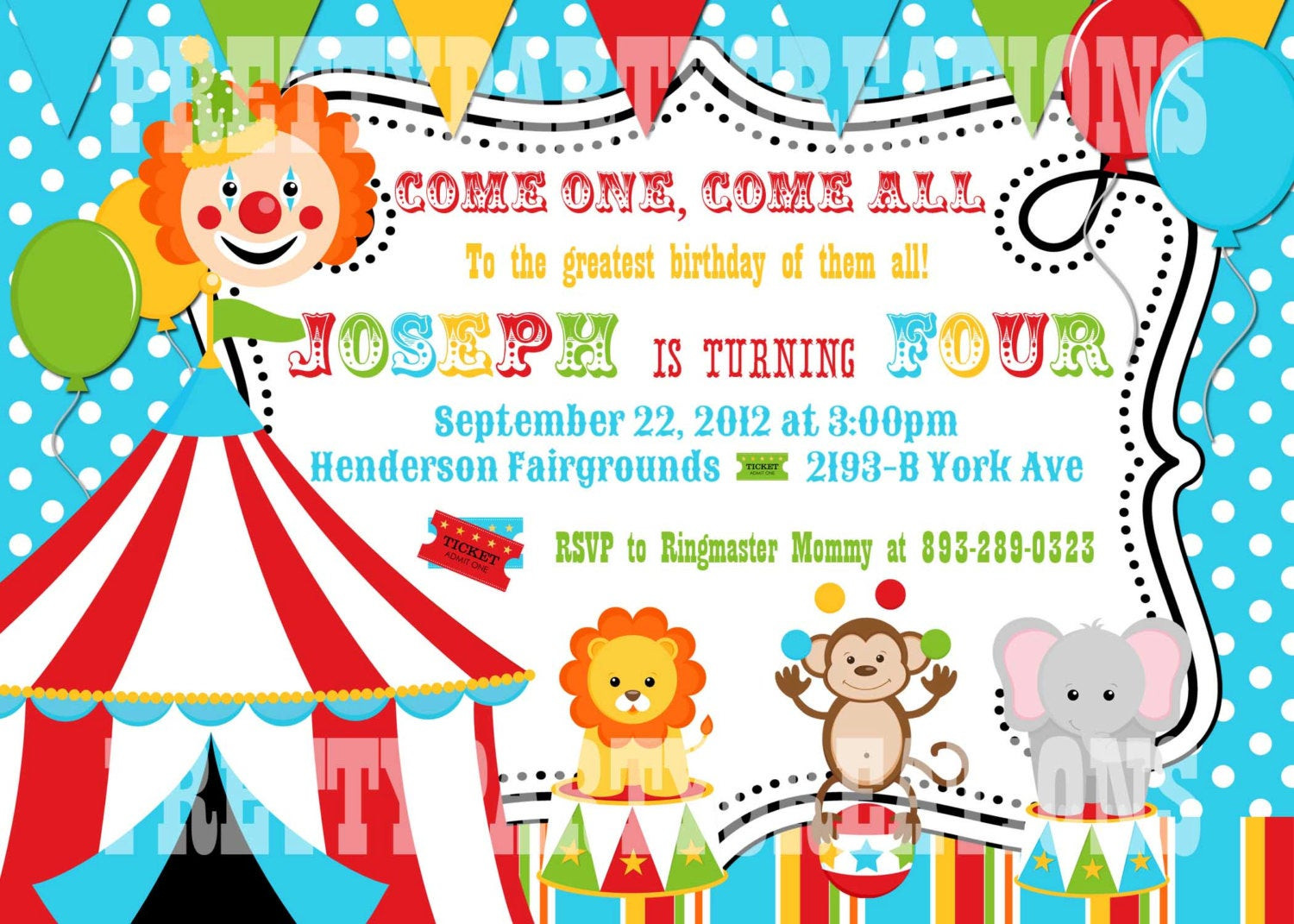 Circus Birthday Party Invitations
 Colorful CIRCUS birthday invitation YOU PRINT digital file