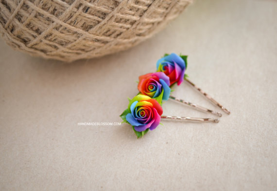 Clay Pins
 Handmade rainbow roses bobby pin polymer clay rainbow rose