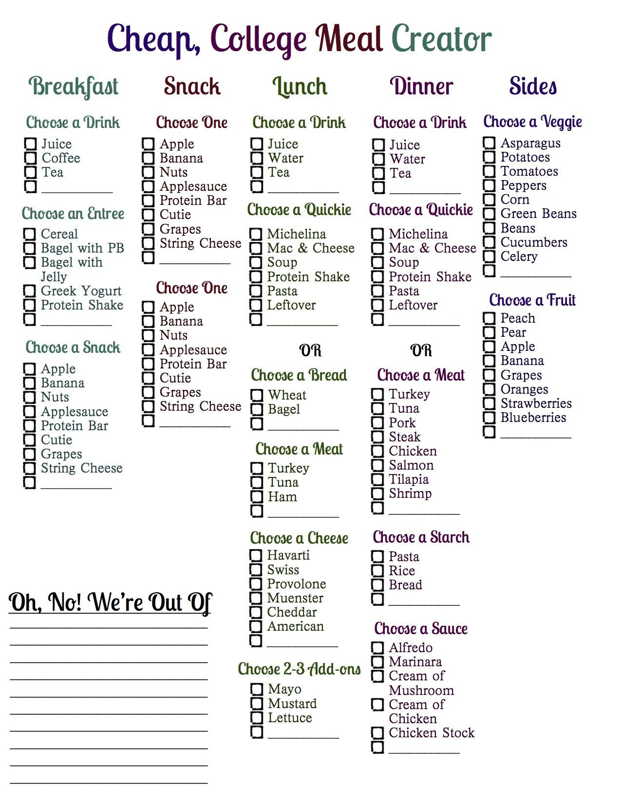 Clean Eating Meal Plan On A Budget
 Cheap College Meal Planner Creator food