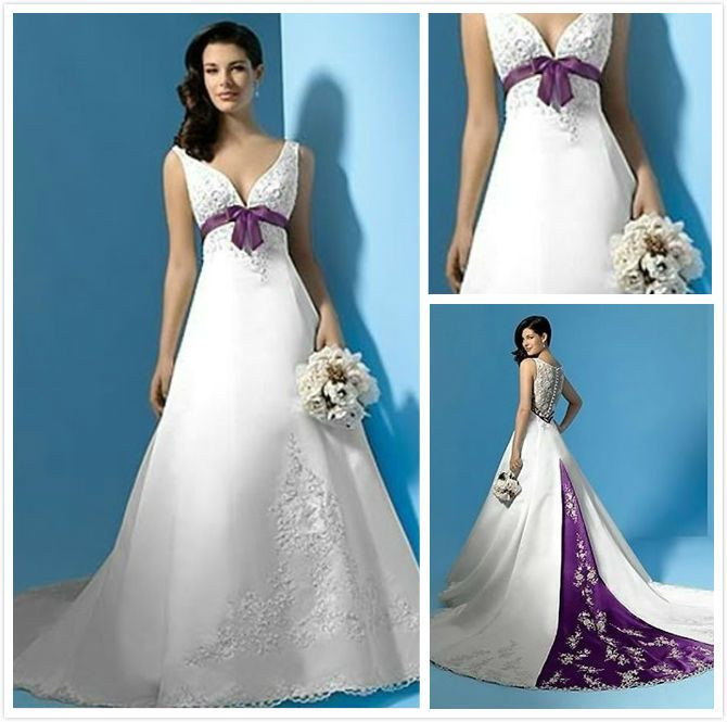 Color Accented Wedding Dresses
 Purple And Ivory Wedding Dresses With Color Accents Satin