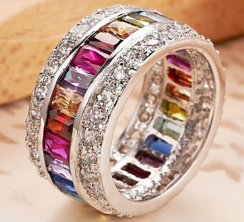 Colored Stone Wedding Rings
 925 Silver Multi Color Topaz Gemstone Women Men Wedding