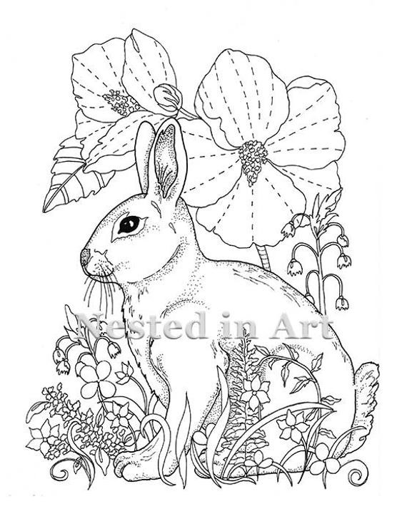 Coloring Book Adult
 Adult Coloring Page Bunny and Hibiscus Digital Download