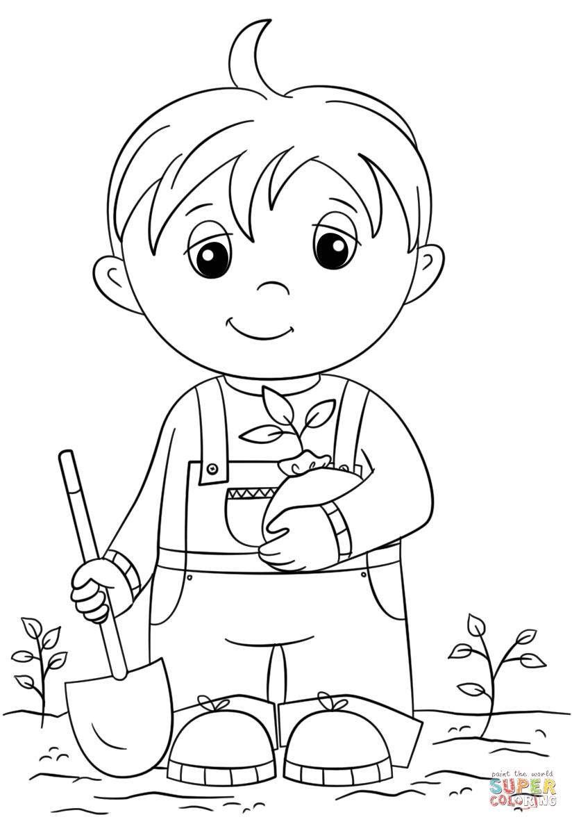Coloring Pages Boys
 Cute Little Boy Holding Seedling coloring page