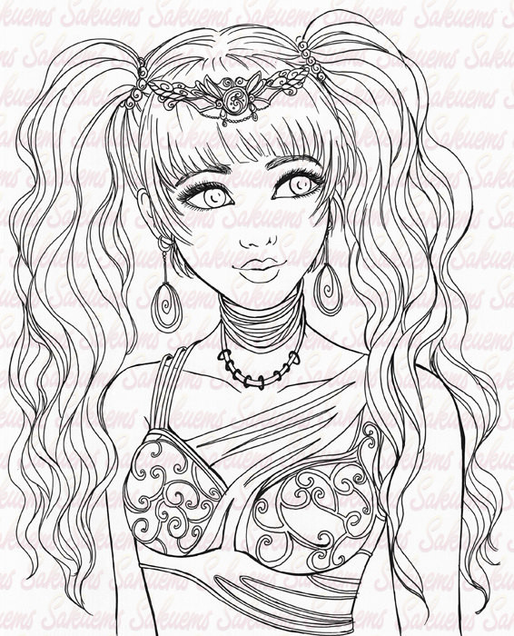 Coloring Pages For Girls People
 Digital stamp Fantasy portrait manga girl long hair princess