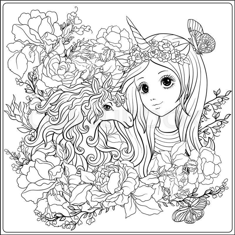 Coloring Pages For Girls Unicorn
 Cute girl and unicorn in roses garden